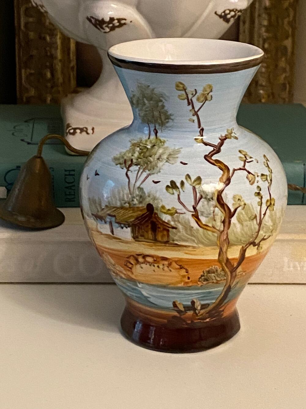 Vintage handpainted Spanish vase Cottage scene 20th Century